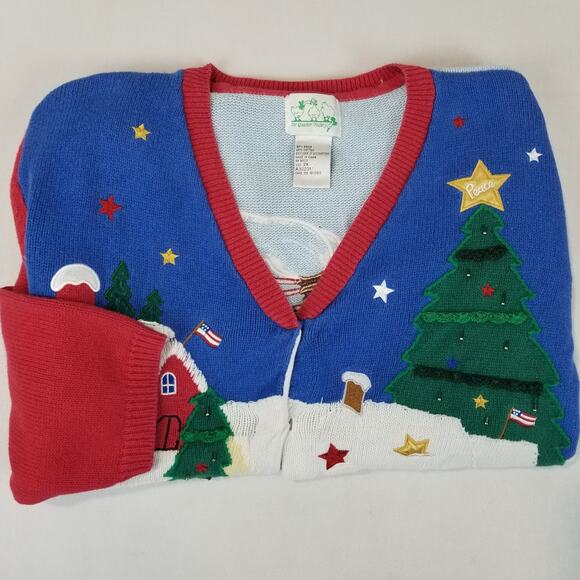 The Quacker Factory Sweater Womens 2X Blue Red Christmas Cardigan Art to Wear - Picture 2 of 8